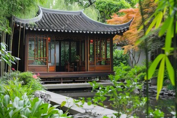 Obraz premium Traditional Chinese Garden with a Wooden Pavilion