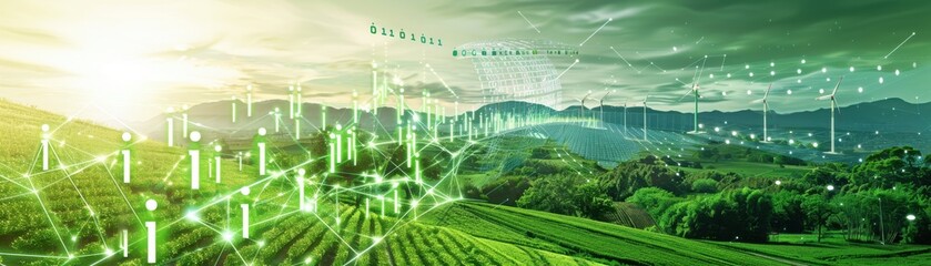 Fototapeta premium Renewable resources in a green landscape, digital binary as object, vivid color scheme, side view, highlighting ecofriendly solutions