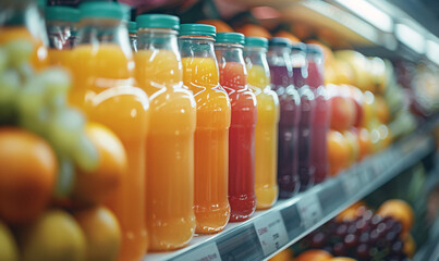 Fresh organic drinks and juices displayed in a supermarket, offering a variety of healthy consumerism food choices.