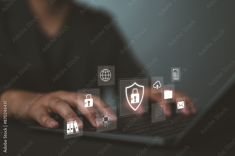 Poster Privacy policy concept. Personal information management. Businessman using laptop with security technology on virtual screen. Cyber security network and data protection.