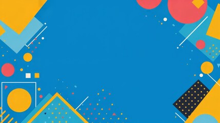 Blue background with colorful geometric shapes and lines, in the cartoon style.