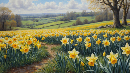 Obraz premium Vibrant Daffodil Field Under a Cloudy Sky in Springtime Countryside