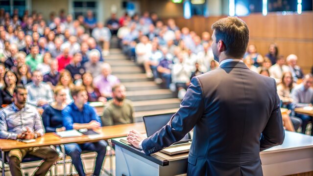 "Professional Speaker in Lecture Hall, Audience Blur"
