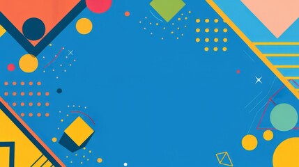 Obraz premium Blue background with colorful geometric shapes and lines, in the cartoon style.