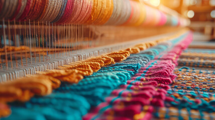 Close-up of vibrant threads on a weaving loom in warm light.