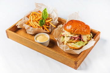 burger with french fries and sauce
