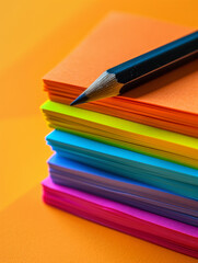 Fototapeta premium Multicolored stack of papers with a pencil on top.