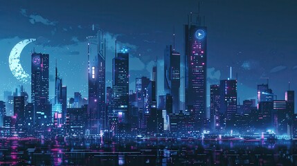 Futuristic cityscape at night, digital tone, triadic color scheme, side view, depicting advanced metropolis