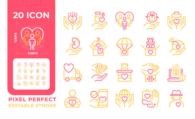 Donation two color line icons set. Helping others bicolor outline iconset isolated. Community work. Collective support. Humanitarian aid. Duotone pictograms thin linear. Editable stroke