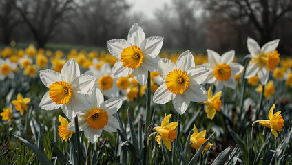 Field of Blooming Daffodils on a Spring Morning