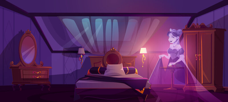 Haunted house interior - ghost of young woman in ball dress standing in atic bedroom with bed and mirror, closet and window. Cartoon vector illustration of home room with dead princess or queen.