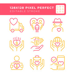 Helping hands two color line icons set. Donation bicolor outline iconset isolated. Social good concept. Helping others. Humanitarian aid. Duotone pictograms thin linear. Editable stroke