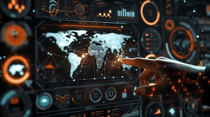 Futuristic Global Connectivity Interface: Human Hand Engages with Digital Screen Showing Data Charts, World Map, and Network Icons in Dark Theme