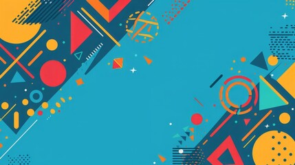 Obraz premium Blue background with colorful geometric shapes and lines, in the cartoon style.