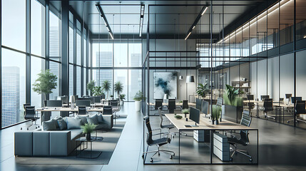 A sleek, modern corporate office with large glass windows, minimalist furniture, and a spacious open-plan layout
