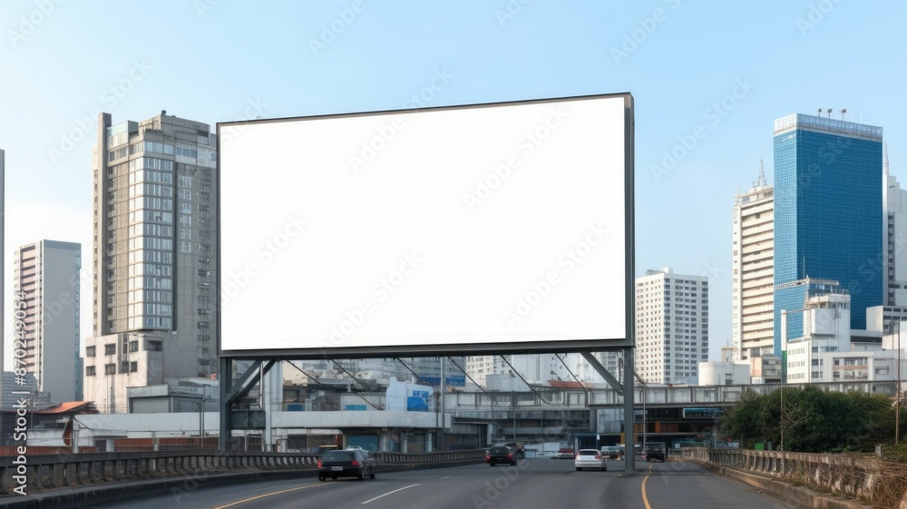 Aufkleber urban billboard above an empty highway with overcast skies and modern cityscape in the background. a