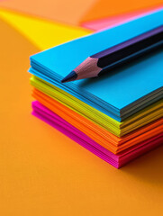 Fototapeta premium Stack of colorful paper with a pencil on top