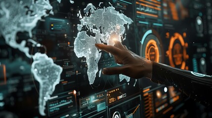 High Tech Data Analytics Interface: Human Hand Engaging Transparent Digital Screen with Global Charts, Graphs, and World Map in Modern Dark Theme