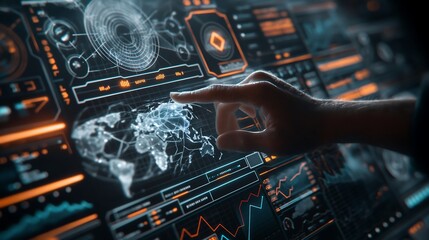 Futuristic Global Data Interface with Hand Interacting on Digital Screen Showing Charts and World Map in Dark Theme with Glowing White and Orange Elements