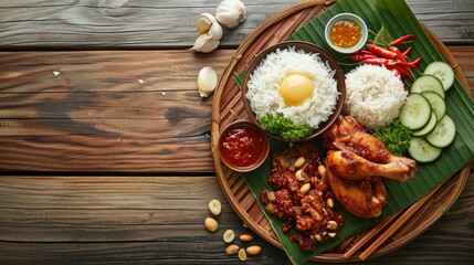 Malaysian Traditional Dish Nasi Lemak With Sambal And Chicken On A Wooden Table, Rich And Flavorful