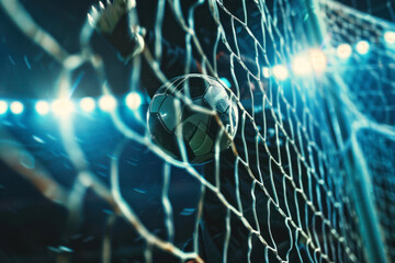 Soccer ball hitting net seen from goalkeeper's view.