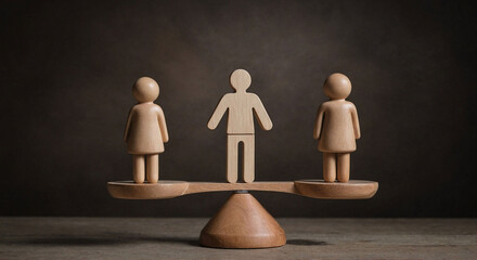Wooden figures of people on scales and a mediator / arbitrator. Conflict of interest. Resolving conflict situations. Conclusions of the peaceful resolution of disputes. Business opponents
