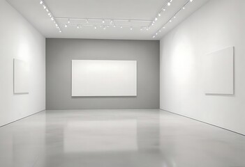 empty white canvas on a wall in a bright gallery space with minimalist design concept of modern art exhibition 3d rendering mock up