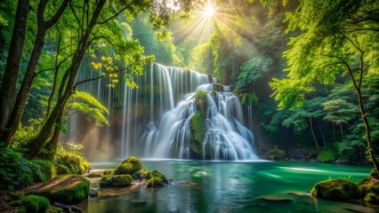Naklejka premium Cascading waterfall plunges through vibrant emerald green leaves, sunlight filtering, illuminating misty atmosphere, lush tropical rainforest, serene natural wonderscape unfolds.
