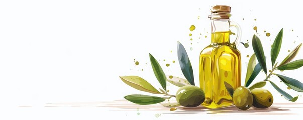 Olive oil bottle, cooking ingredient, hyperrealistic illustration, isolated on white background