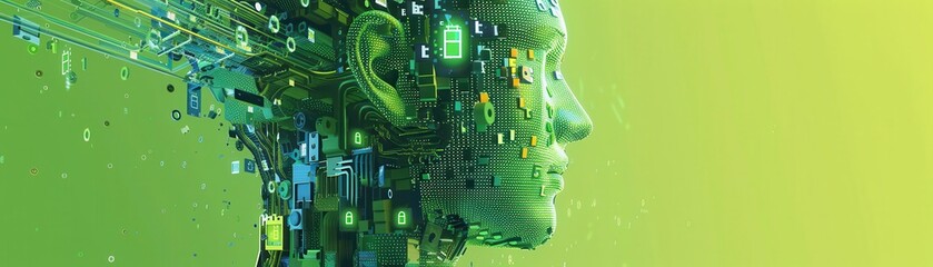 Sustainable tech with ecofriendly innovations, digital binary as object, vivid color scheme, side view, highlighting green technology