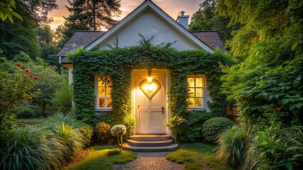 Fototapeta premium Small Cottage With A Heart-Shaped Door Surrounded By Lush Greenery