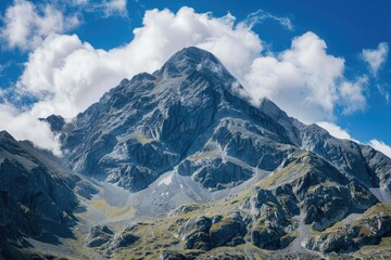 Fototapeta premium The image of a very tall mountain with some clouds in the sky emphasizes the grandeur and awe of nature.