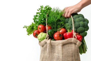 Fototapeta premium Human hand holding bag with fresh vegetables Isolated on white background. ai generative