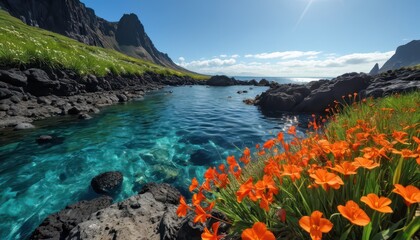 Naklejka premium Orange Flowers Bloom Beside Clear Blue Water and Rocky Cliffs.