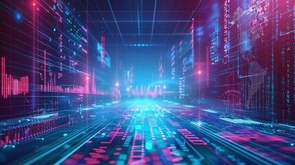Blockchain analytics with data visualizations, cybernetic tone, complementary color scheme, front view, representing detailed insights