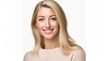 Young blond woman smiling on white background