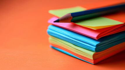 Fototapeta premium Colorful stack of sticky notes with pencil on an orange background