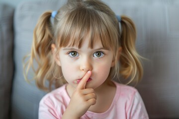 Fototapeta premium little girl gesturing asking for silence presses her finger to his lips and demands to close her mouth. ai generative