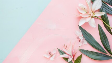 A flat lay of white lilies with green leaves on a pastel blue and pink split background, embodying a serene and minimalist aesthetic
