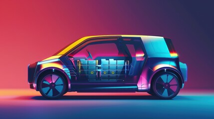 Fototapeta premium Energy storage in electric vehicles with advanced batteries, futuristic tone, vivid color scheme, side view, showcasing sustainable transport