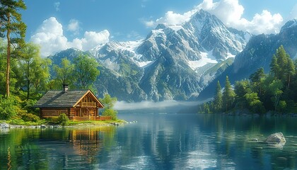 Naklejka premium A serene landscape with a wooden cabin by a clear lake, framed by majestic snow-capped mountains.