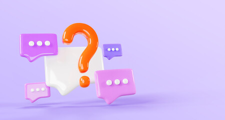 3d speech bubbles with faq sign render purple background. Question answer communication banner. Dialogue, speak and chat message boxes, frames, ask balloon, social media web icons. 3D illustration