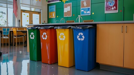 A set of recycling bins labeled for different materials in a school cafeteria