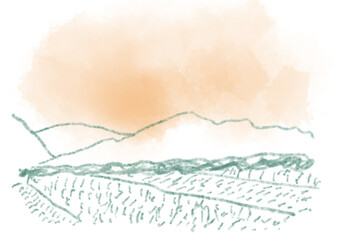 夕日に染まる空と山と田んぼの線画イラスト