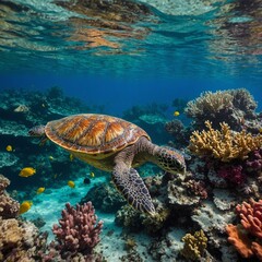 Obraz premium A fish swimming in a crystal-clear pond surrounded by water lilies. 