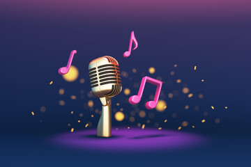 Golden vintage microphone with pink music notes entertainment online music sound sing classic timeless. Record audio, broadway or musical retro. Bokeh light confetti background. 3D Illustration.
