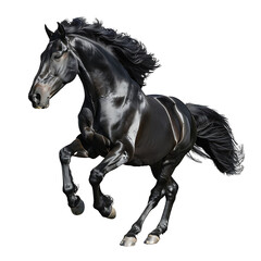 Black and white horse running with flowing mane and graceful silhouette, isolated on transparent background.