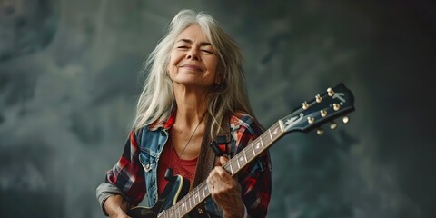 A vibrant and energetic older woman likely a grandmother is passionately performing on stage with an electric guitar