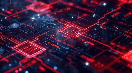 Fototapeta premium Blockchain ledger with red error messages, technology tone, splitcomplementary color scheme, top view, highlighting security issues