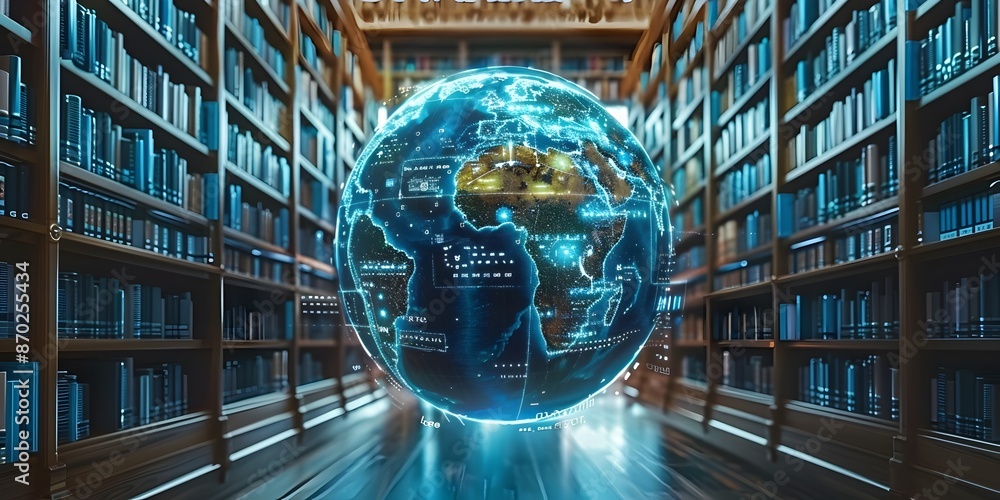 Poster futuristic digital library with interactive global visualization for students to explore worldwide d